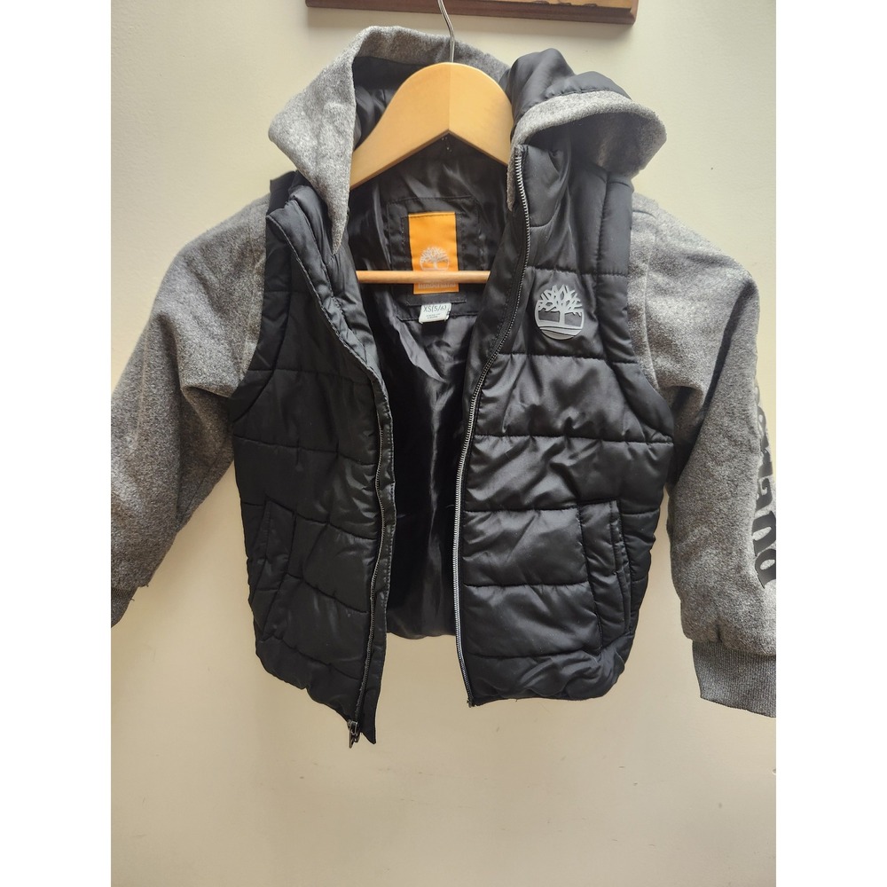 Kids Timberland Puffer Vest Hoodie Jacket Black Grey Logo Size XS 5 6‎